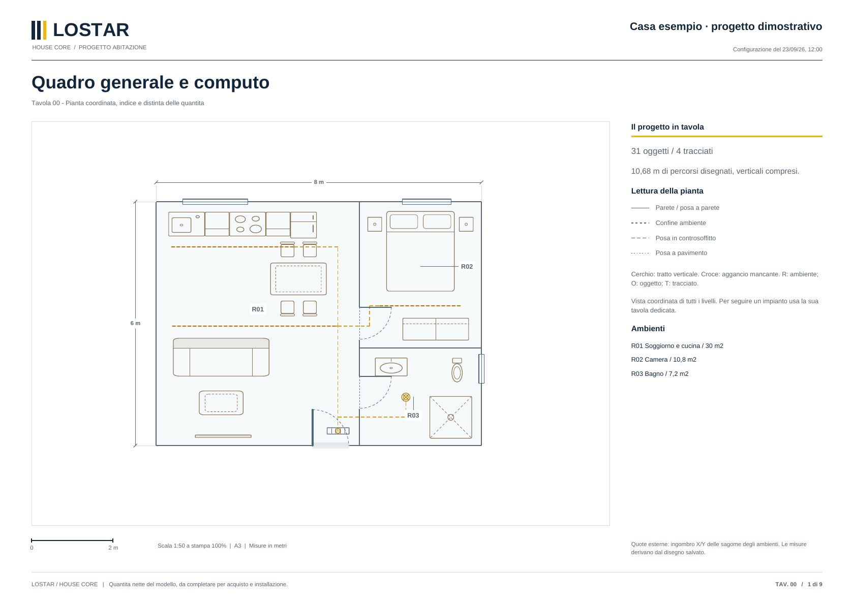 Tavola PDF realmente esportata da House Core per una casa dimostrativa, con pianta, quote, legenda e quantità.